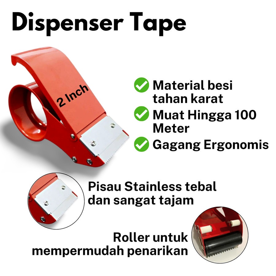 Dispenser Lakban 2 inch bahan Besi Tape Dispenser 2inch warna MERAH 2&quot; Alat Pemotong Isolasi Lakban Potong