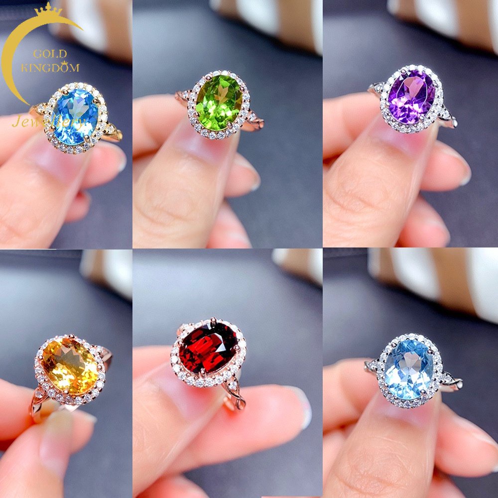 Goldkingdom Perhiasan Fashion Emas Asli Kadar 375 Bangkok Aksesoris Ready Stock Natural Topaz Amethyst Topaz Olivine Cincin Delima Merah Dengan Berlian Warna-Warni Perak Rose Gold Ring