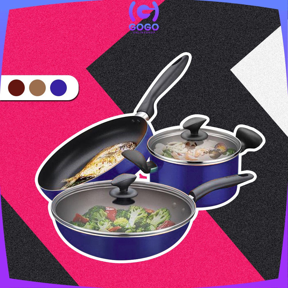 GOGO-C501 Panci Wajan Teflon Set isi 3 pcs Penggorengan Set Anti Lengket Pegangan Anti Panas Panci Set Cookware Masak