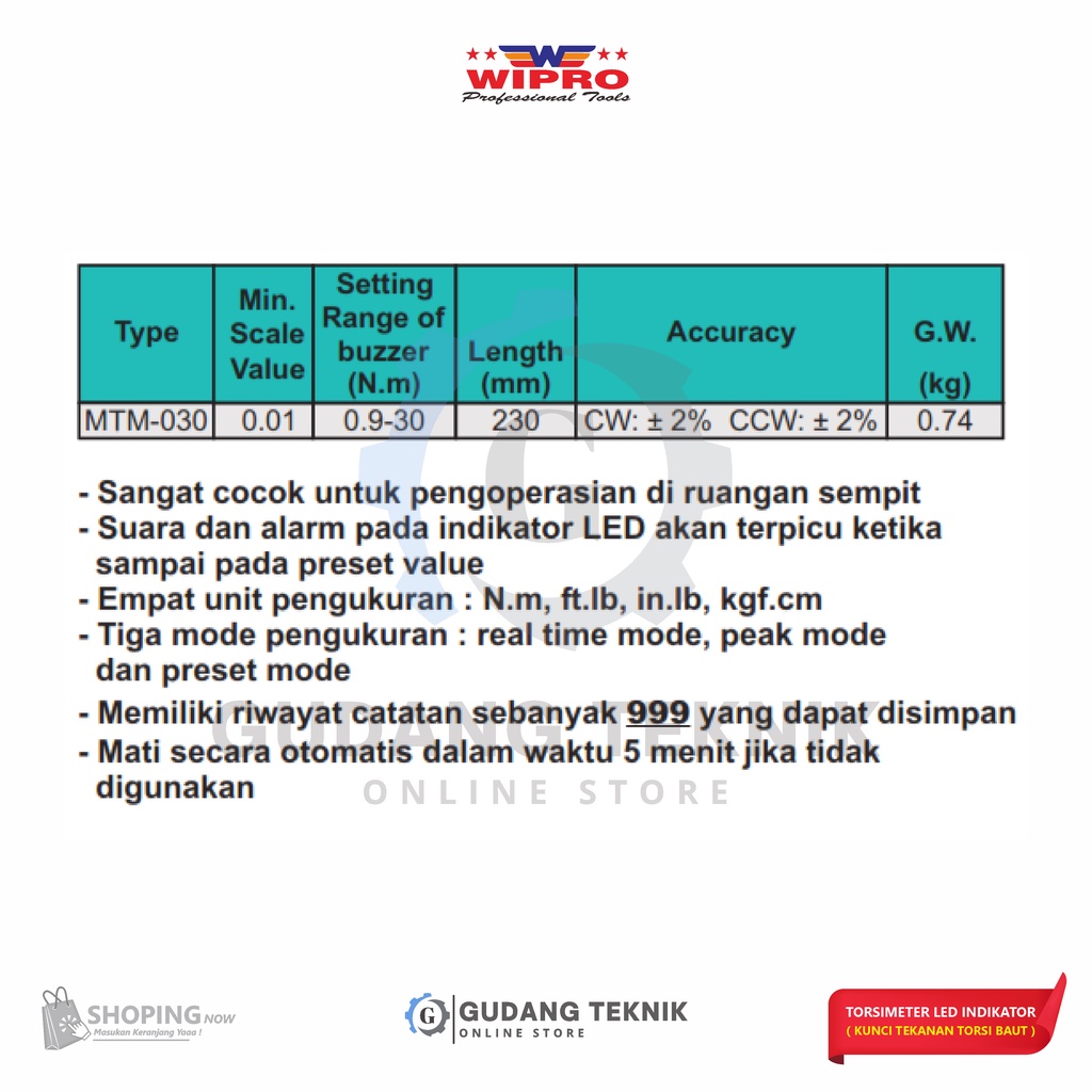 Torsimeter Digital Mini 1/4&quot; WIPRO MTM-030 / Kunci Momen Torsi Baut 0.9-30 N.m WIPRO MTM030 - TORSI INDIKATOR LED  WIPRO MTM 030