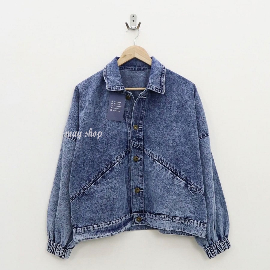 Jaket Jeans Wanita Vera Oversized Lengan Balon Lingkar Tangan Kerut Kekinian