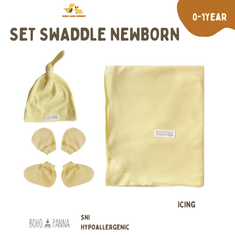 SET SWADDLE +  KNOT HAT + MITTEN BOOTIES + FREE POUCH - Special Bundle 3 in 1 - Bohopanna -Hempers Newborn Set Bedong Topi Sarung Tangan Kaki Bayi - Selimut Bayi