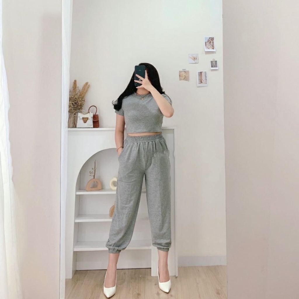 BEFAST - ZFS OOTD Setelan CILIAN / ZOY BABYTERRY ONE SET / Setelan Wanita Terbaru / Pakaian Casual Remaja ABG / Oneset Polos kekinian Wanita Remaja / Set Atasan Kaos Crop Lengan Pendek+Celana Jogger / Oneset Olahraga Wanita / Trendy