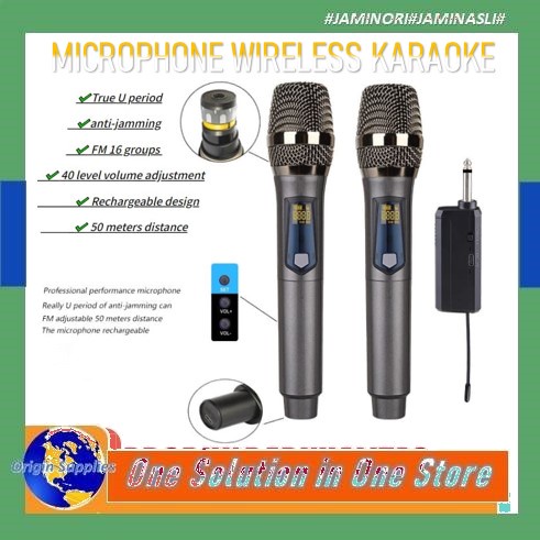 Microphone Mic Handheld Wireless UHF Rechargeable Profesional Vlog 2 orang Live Streaming HP Broadca