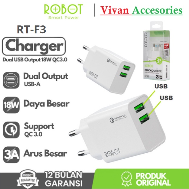 ROBOT RT-F3 Charger Adapter Dual USB Port 3A Qualcomm QC3.0 18W QC3.0