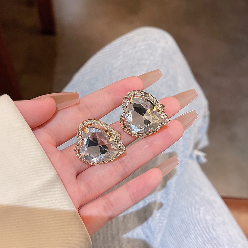 Anting Stud Kristal Bentuk Hati Bahan 925 silver needle
