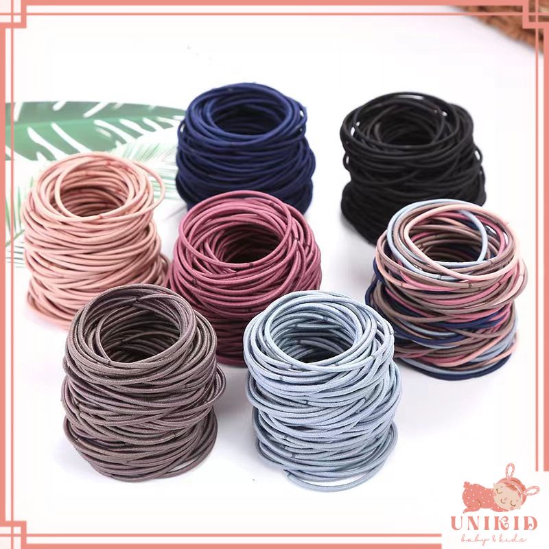 UNIKID 100pcs Ikat Rambut Karet Polos Elastis Gaya Korea Wanita Kuncir rambut Karet Rambut Karet Gel