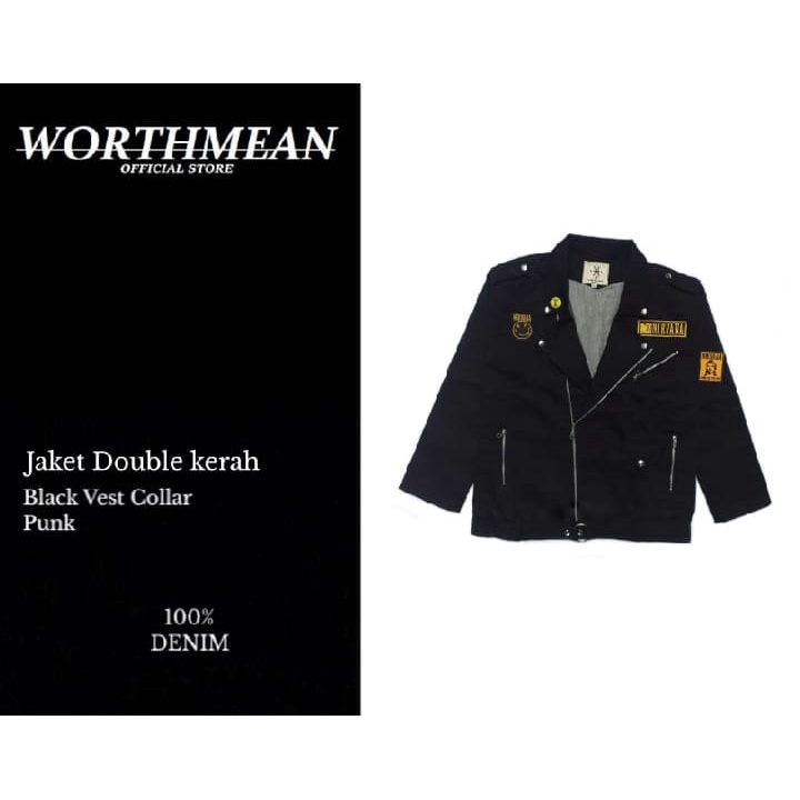 WORTHMEAN JAKET DOUBLE KERAH BLACK VEST COLLAR PUNK NIRVANA DENIM + 1 PIN + 3 EMBLEM JAKET PRIA JAKE