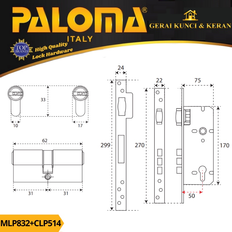 PALOMA MORTISE LOCK SET CYLINDER MLP 832 CLP 514 BODY KUNCI PELOR 50MM CYLINDER 62MM KOMPUTER KEY STAINLESS