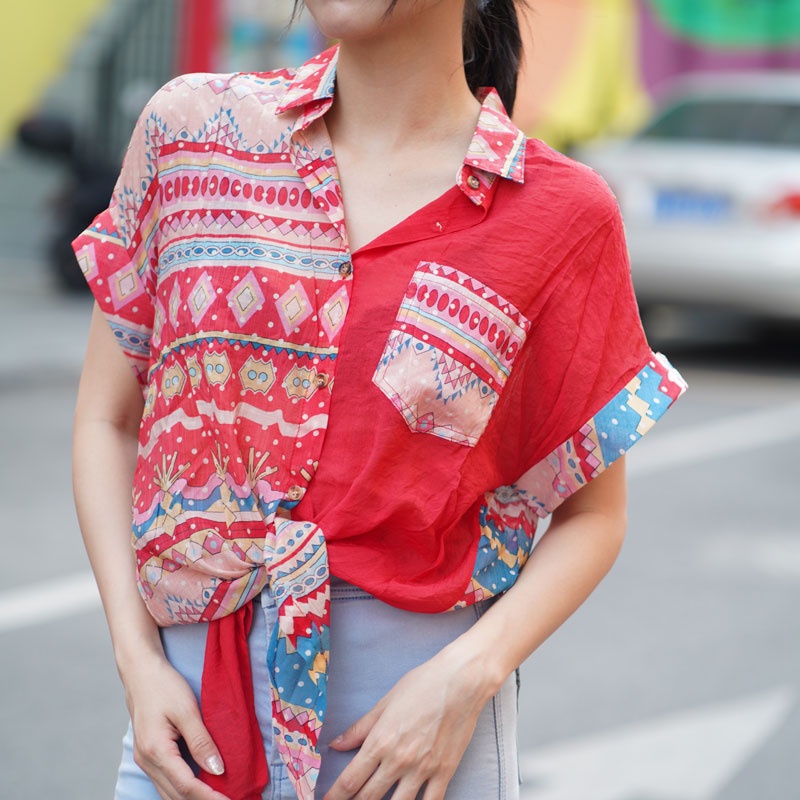 KEMEJA WANITA 2022 BARU CHIFFON TEMPERAMENT SPLICING POCKET TREND SHIRTS KEMEJA MOTIF WANITA KEMEJA POLOS