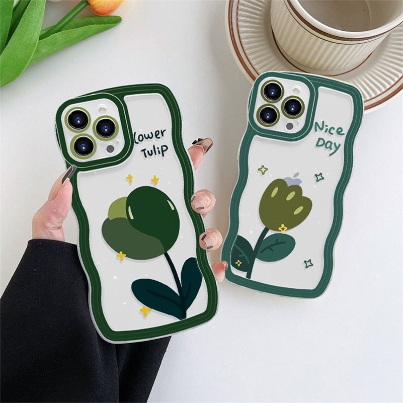 Soft Case Silikon Transparan Motif Bunga Hijau Untuk iPhone 14 13 12 11 Pro Max X Xr Xs Max 8 7 6 6s Plus