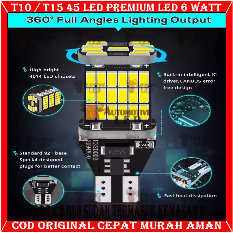 ORIGINAL LAMPU LED T10 45 LED 6 WATT PREMIUM LED CANBUS SUPER BRIGHT LAMPU SENJA MOTOR T10 LAMPU T15 LED