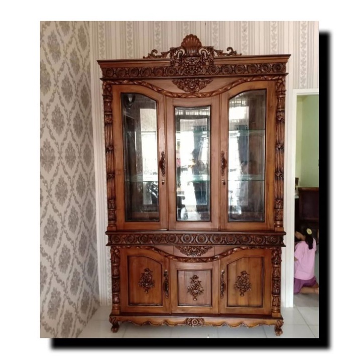 LEMARI HIAS LEMARI KACA LEMARI SERBA GUNA BIFET PAJANGAN KAYU JATI ASLI UKIRAN JEPARA