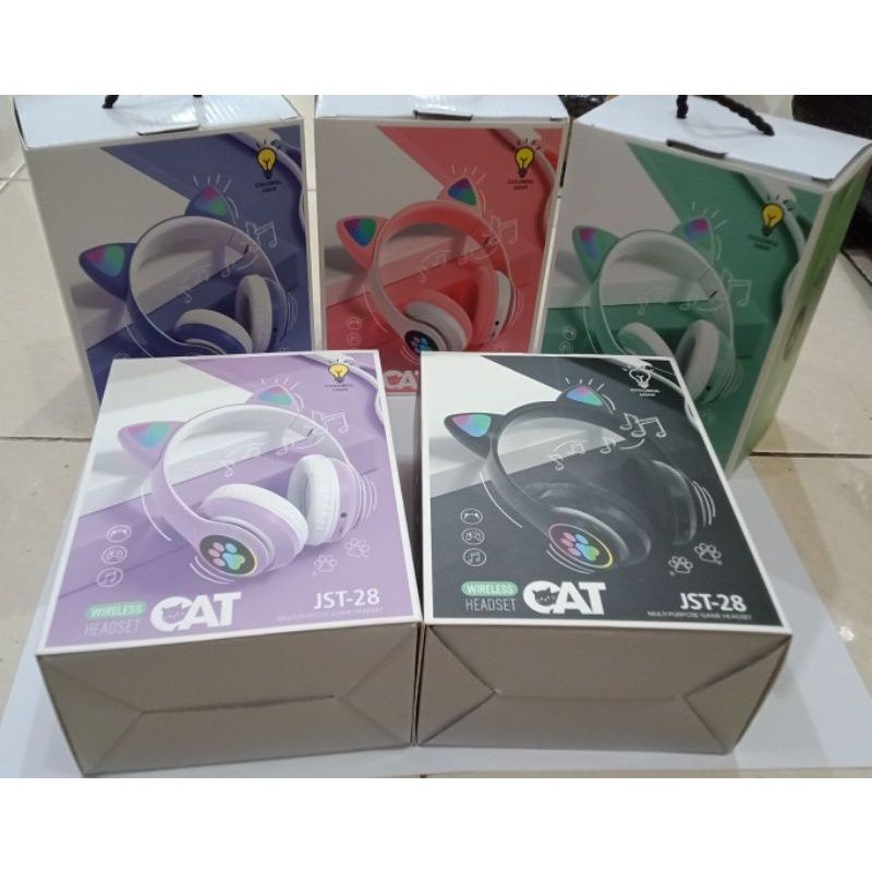 Handphone Bluetooth Bando Cat Ear JST-28 BK 58M LED Handset Wireless.