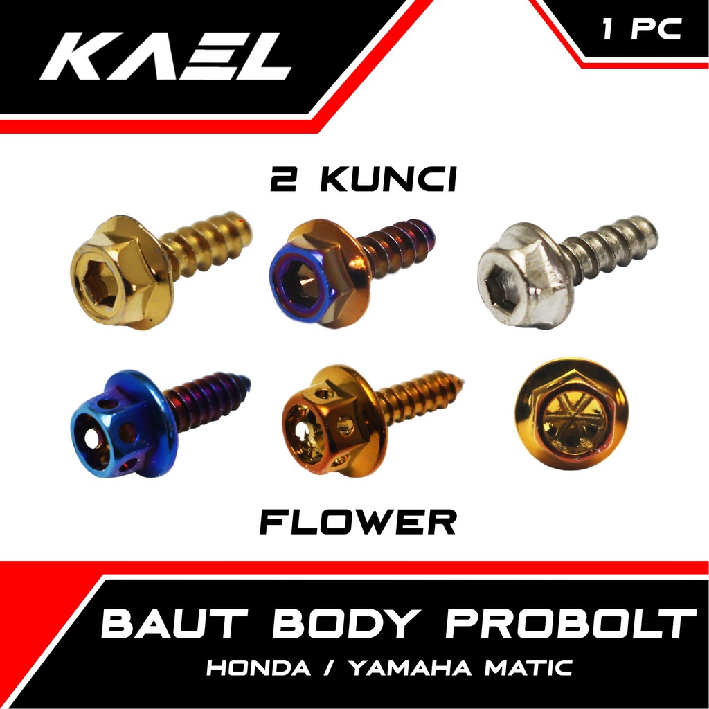 Baut Body Probolt 2 Kunci-Flower Yamaha Gold-Chrome-Twotone Baud Bodi Cover 2-Two Tone Beat FI-F1-Pop-eSP-Street/Vario 110-125-150/Mio M3-Z-S-Smile-Sporty/Scoopy-New LED/NMAX/PCX/Aerox/Soul GT/X-Ride/Spacy/Fino-Old-Lama-New Probol