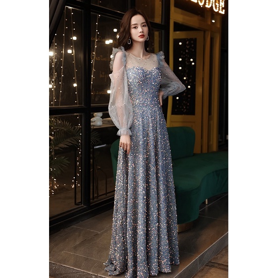 Gaun Pesta 2210020 Abu Silver Lengan Panjang Party Dress