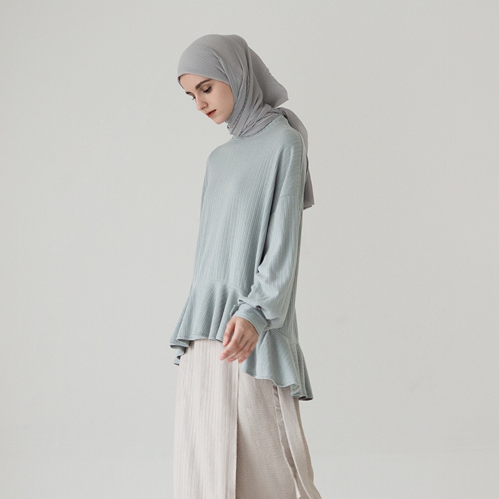 Daru by Aska Label - Atasan katun knit wanita blouse rajut lengan panjang warna coksu cream, abu, biru dusty