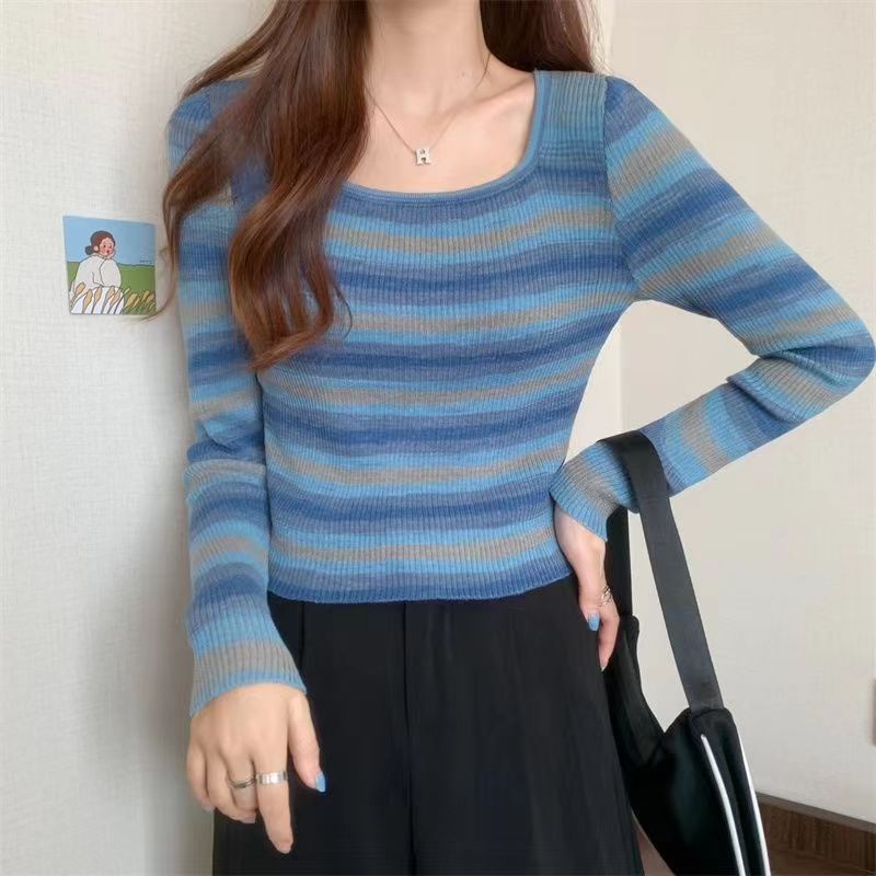 YIU YIU Rajut - Sweater Korea Rajut Stripe Lengan Panjang Wanita