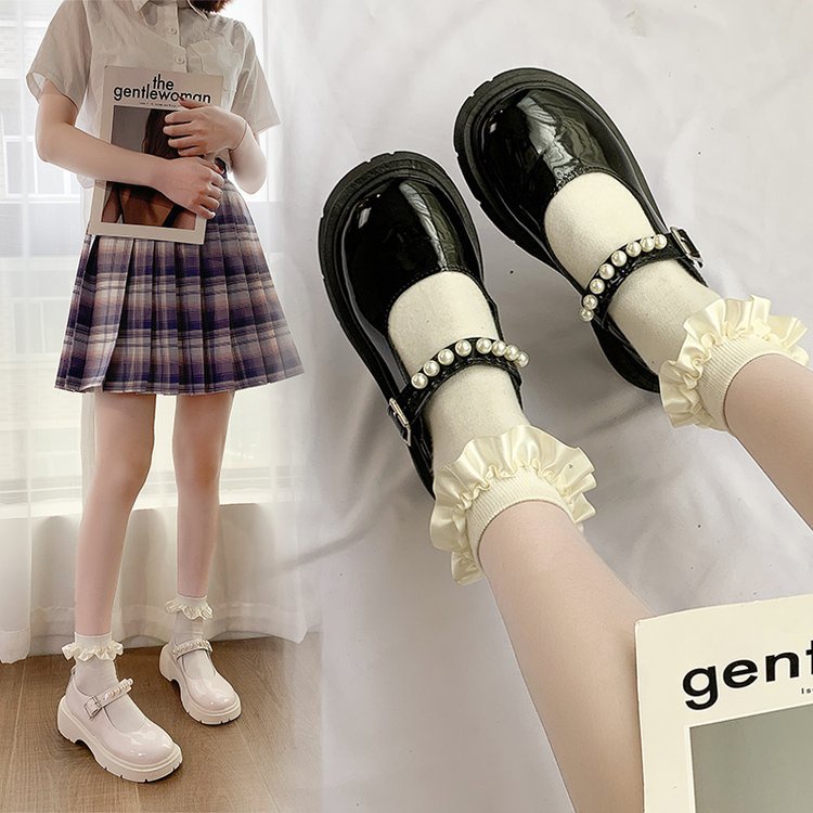 HS Sepatu Platform Kulit Wanita Motif Strap Mutiara Sole Tumit Tebal 269