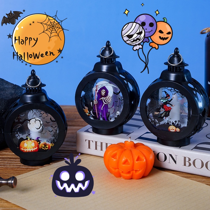 Lampu Lentera Gantung Tenaga Baterai Bentuk Labu / Penyihir / Tengkorak Untuk Dekorasi Halloween