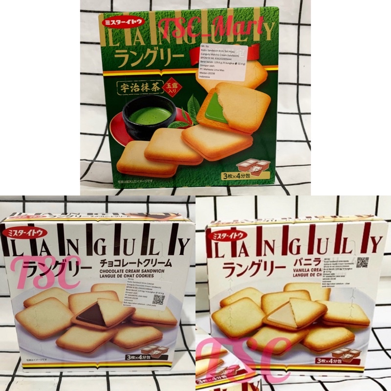 

Mr Ito Languly Sandwich 129.6gr / Mr / Ito / Mr.Ito / Languly / Sandwich / Vanilla / Chocolate / Cream / Matcha / Kukis / Krim / Cokelat / Vanila / Green / Tea / biskuit / lidah kucing