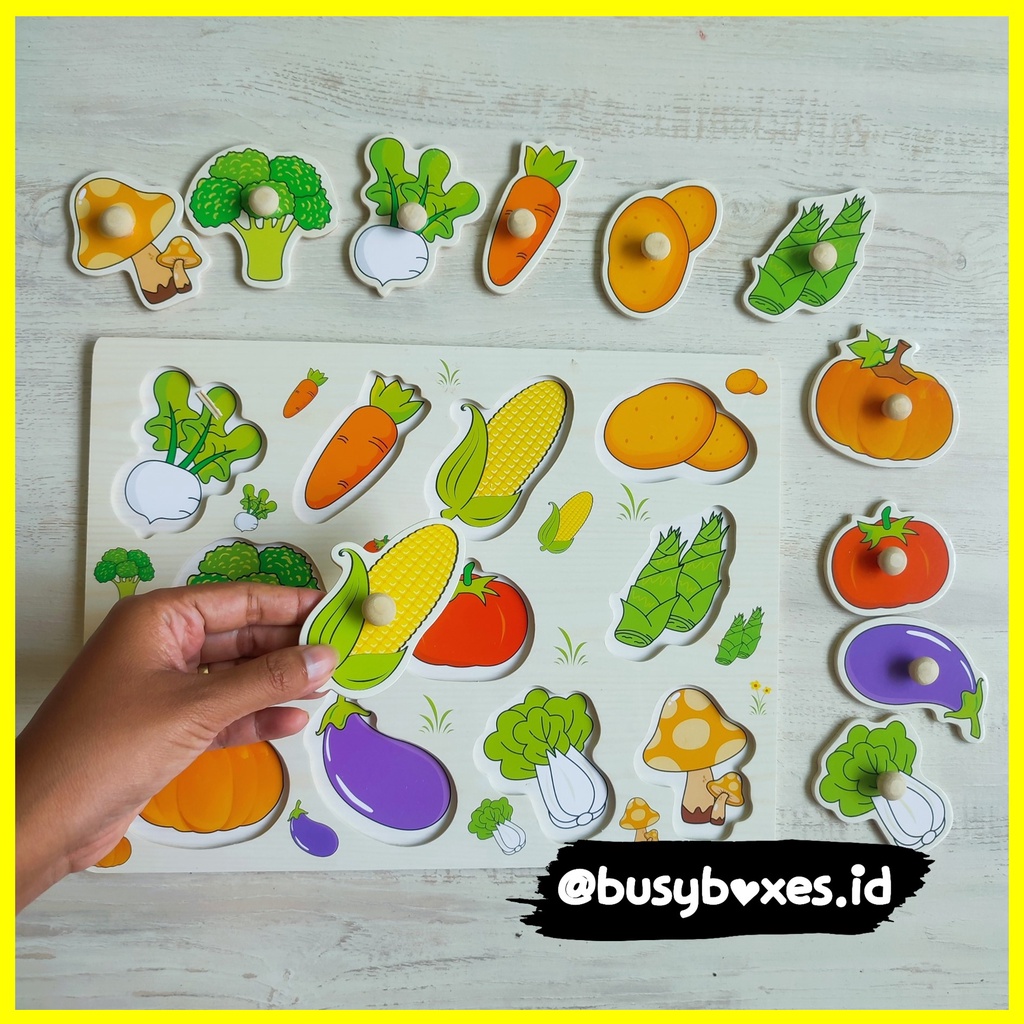Busyboxes.id Mainan anak edukasi anak 1 2 3 tahun laki laki perempuan mainan edukasi Montessori puzzle jigsaw 3d kayu sayuran sayur mayur buah - jagung