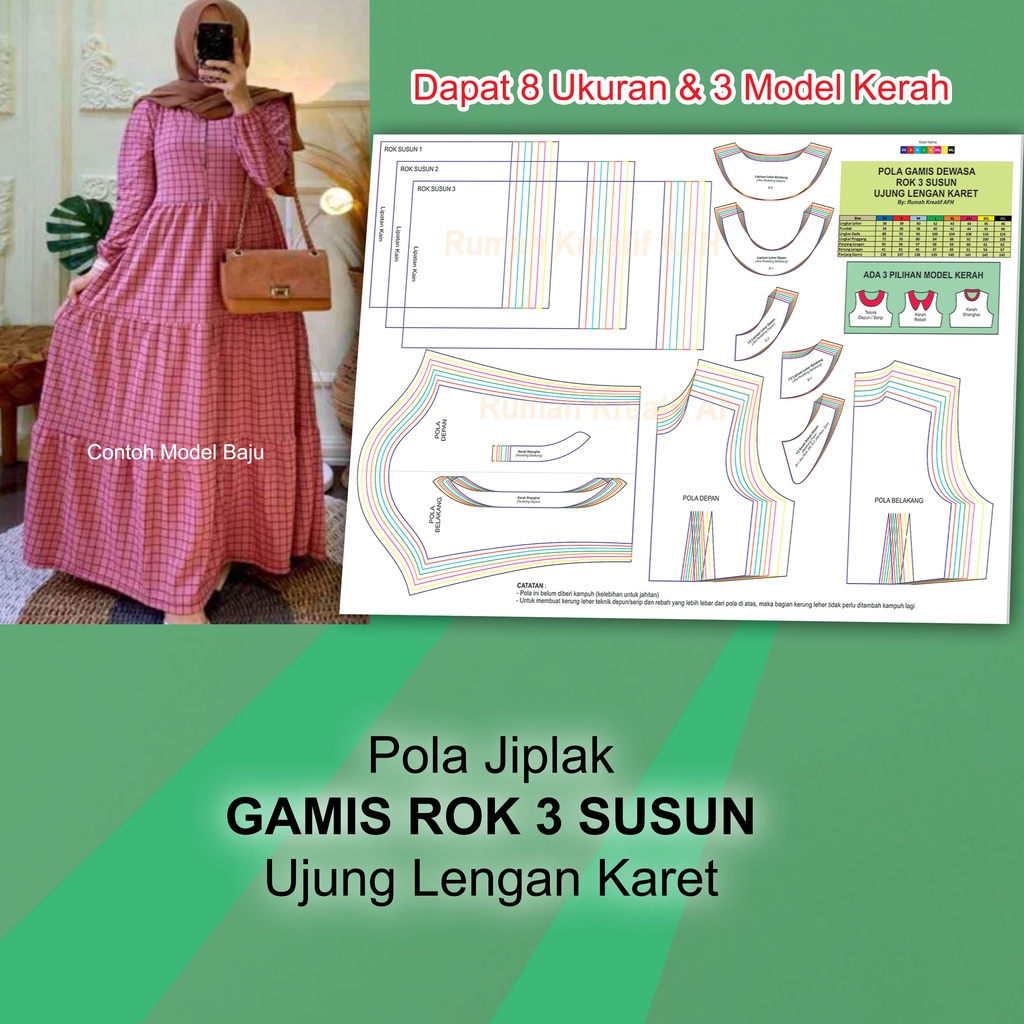 Pola Jiplak Gamis Susun Dewasa | Pola Gamis Susun | Pola Gamis Dewasa | Pola Baju Wanita