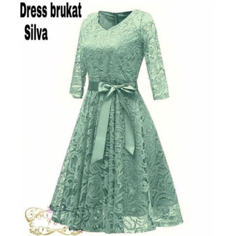 Silva Dress Brokat Hijau Sage Pesta Casual Dress Kondangan Wanita Dress Brukat Remaja Trendy Kekinia
