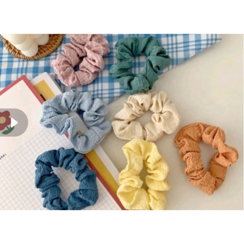 IKAT RAMBUT GAYA KOREA SCRUNCHIE POLOS DAN MOTIF KOTAK LUCU