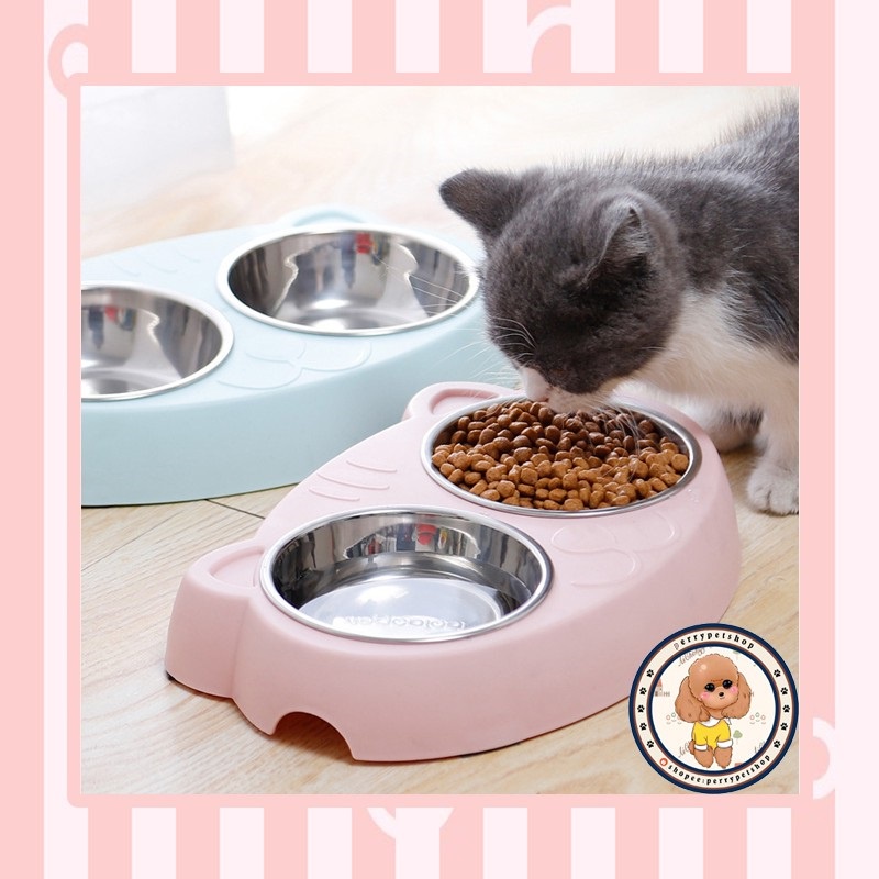 Mangkok Stainless Double Macaron Model Muka Kucing Untuk Anjing Dan Kucing