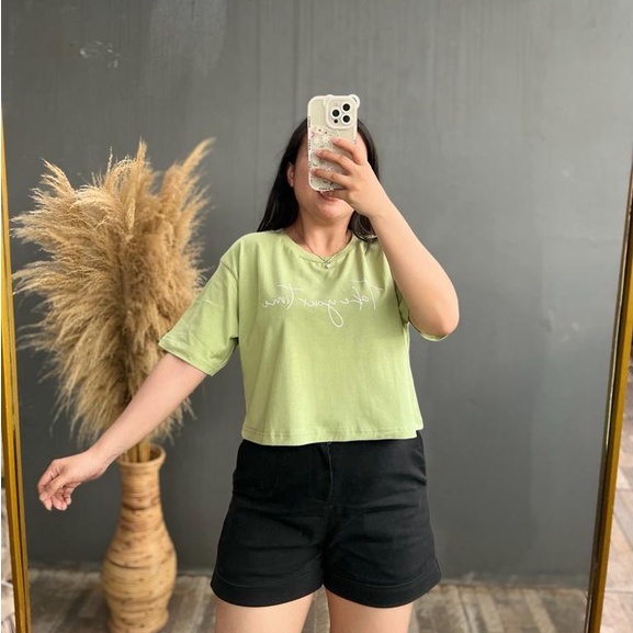 CROP SAGE GREEN MOTIF ONECK COTTON OVERSIZE | BAJU KAOS TUMBLR CROP TEE TSHIRT KAOS KOREA FASHION WANITA