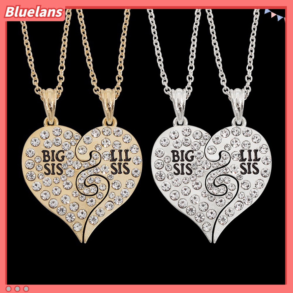 2pcs Kalung Bentuk Hati Motif Tulisan Big Little Sister Aksen Berlian Imitasi