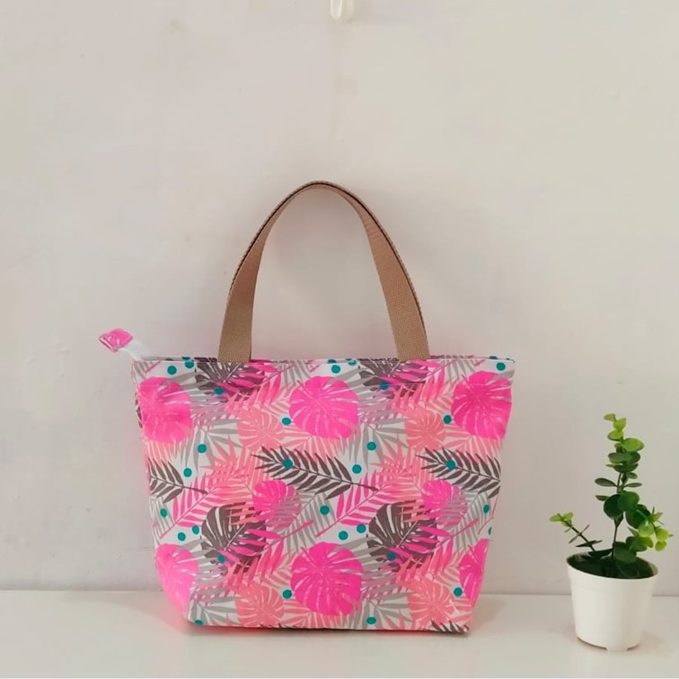 TAS KANVAS HANDBAG KANVAS BESAR MOTIF BAMBU PINK. Riens Collections