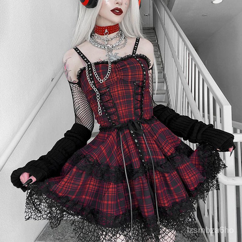 E-girl Gothic Vintage Plaid A-line Dress Dark Academia Lace Trim Tie-up Waist Corset Mini Dress Kawa