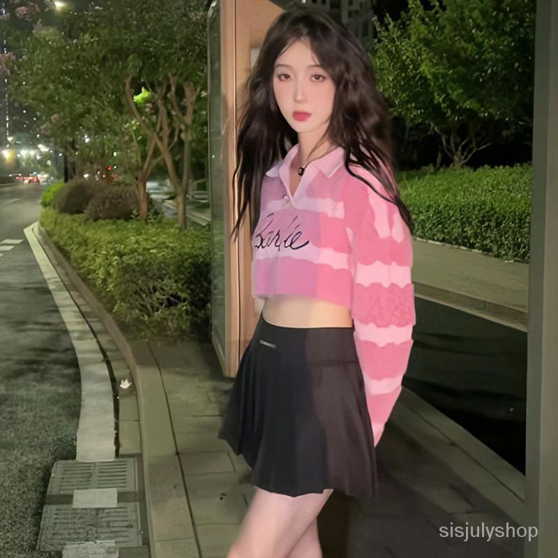 [✅BISA COD]  Hot girl striped letter short sweater musim gugur gaya keinginan murni niche longgar lengan panjang