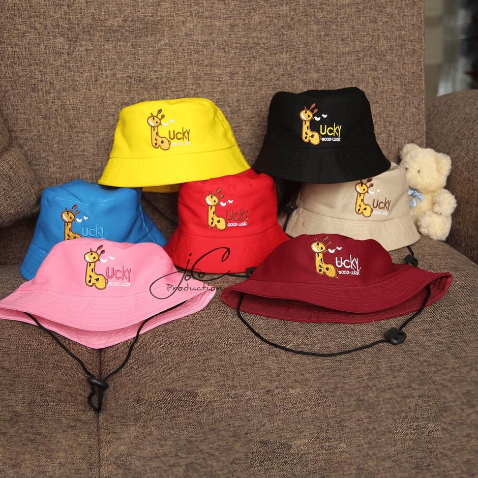 PHILEO | TOPI BUCKET ANAK - FASHION HAT KIDS - MOTIF JERAPAH LUCKY GOOD LUCK - BUCKET DENGAN TALI - 