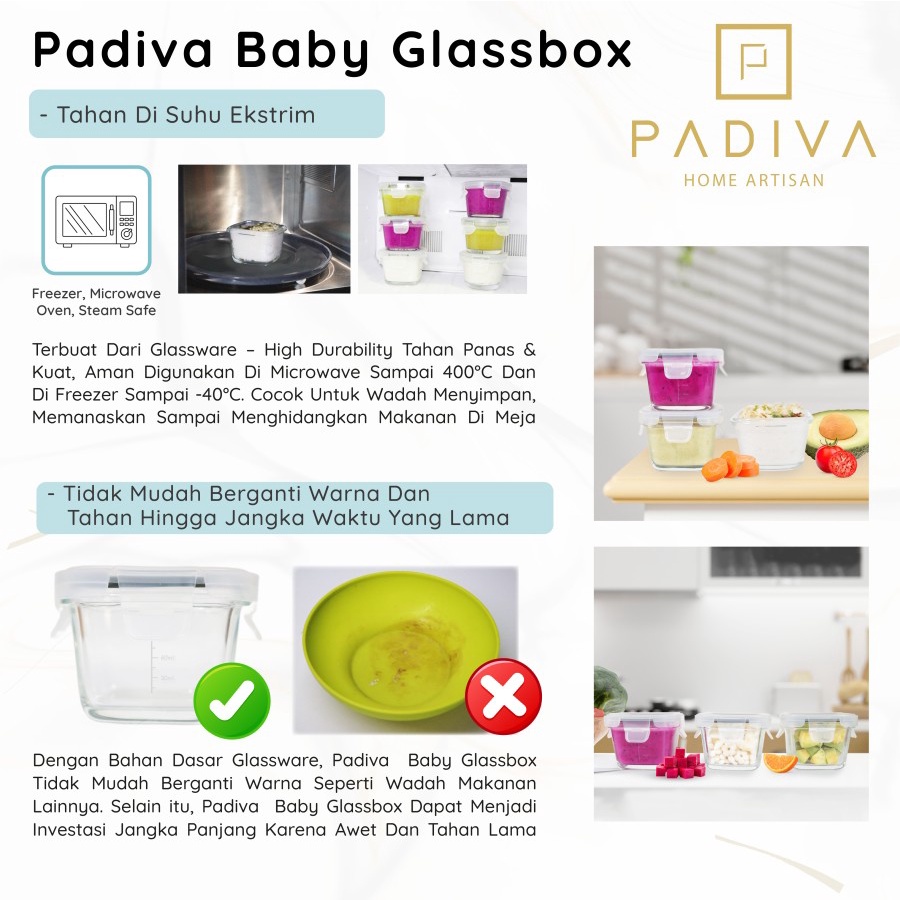 Padiva Baby Glassbox Square 180ml (3pcs) - Glass Box 180 ml Kotak Kaca tahan panas microwave