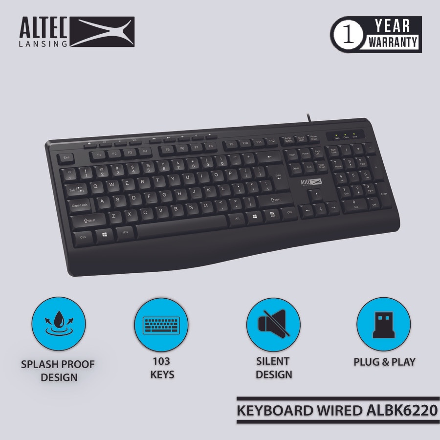 Keyboard altec lansing usb wired membrane 104 keys full size multimedia for office gaming pc laptop cpu albk6220 albk-6220