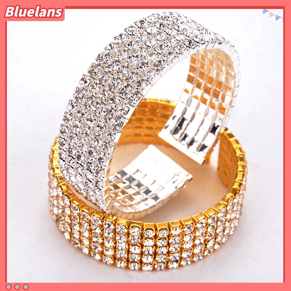 Bluelans Women 5 Rows Clear Rhinestone Wide Bracelet Cuff Open Bangle Bridal Jewelry