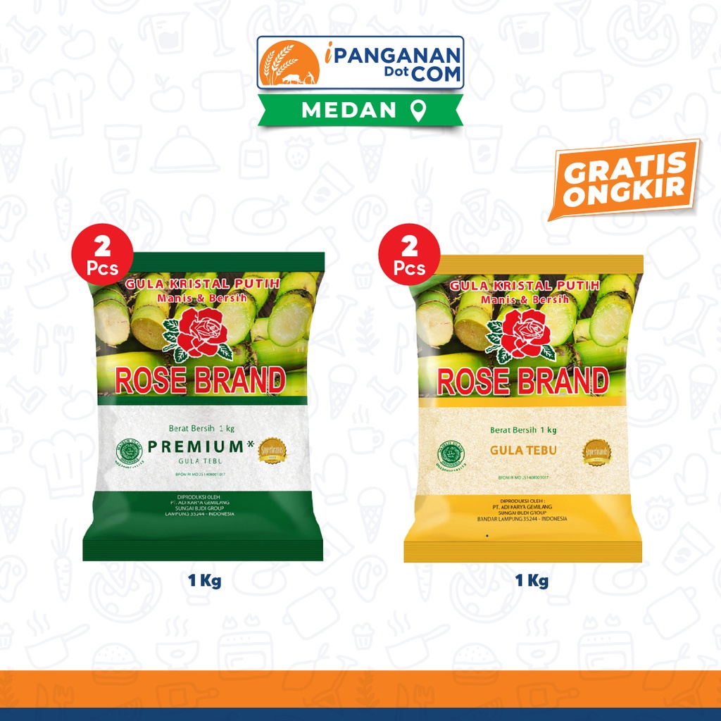 Gula Pasir Rose Brand Mix 1Kg : Gula Pasir Kristal Premium1 Kg x 2 Pack + Gula Pasir Rose Brand Tebu