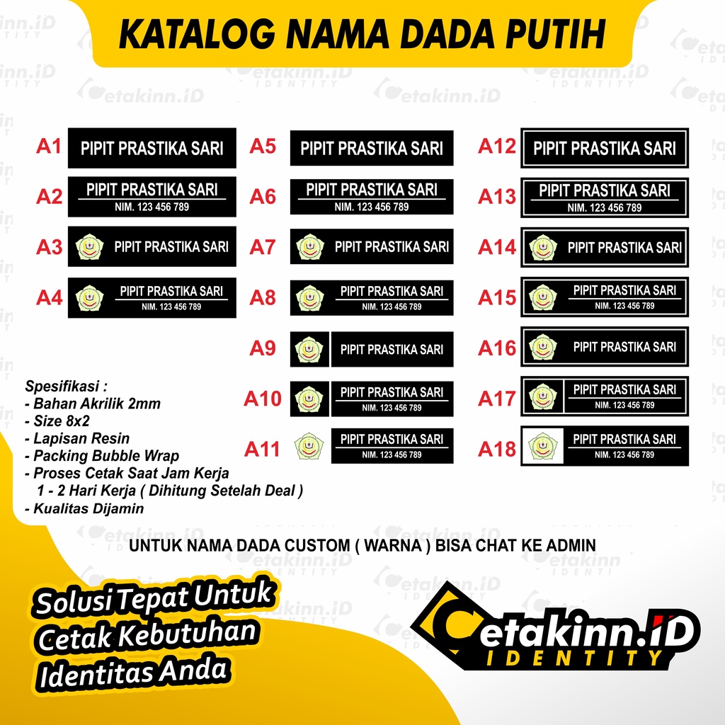Name Tag Akrilik Papan Nama Dada Akrilik Magnet Peniti Bisa Satuan