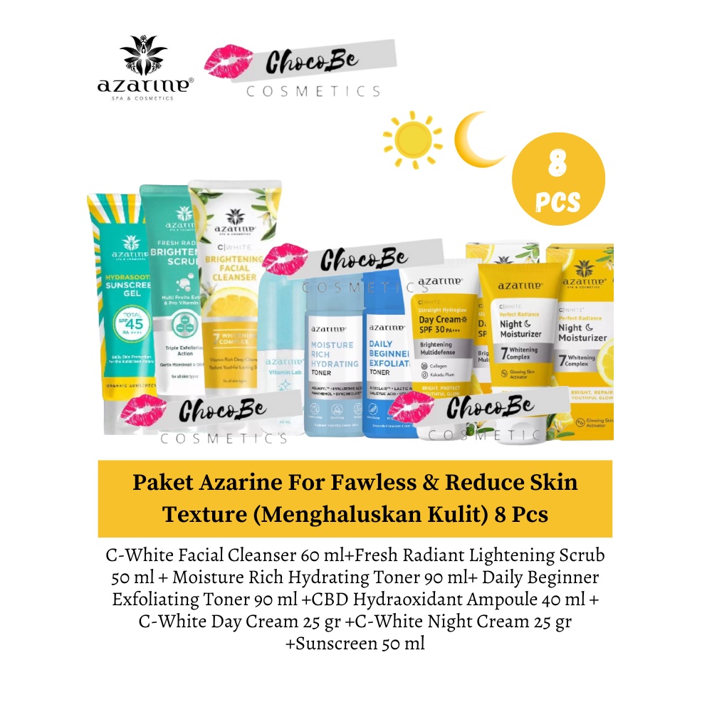 Paket Azarine Skincare 8 Pcs U/ Menghaluskan & Kulit Tampak Fawles (C-White Facial+Fresh Radiant+Ton