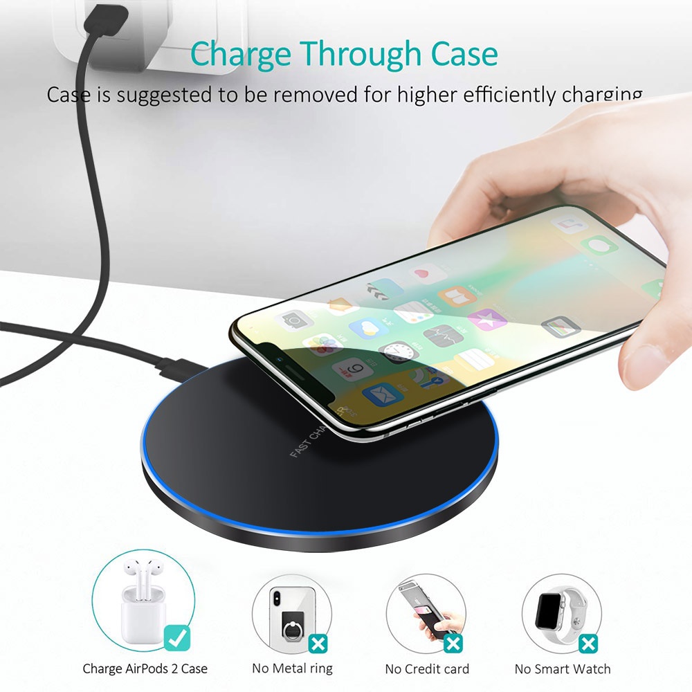 Wireless Charger Qi Fast Charging Pad USB Type C Port 15W LED Ring Indicator Adapter AirPods iPhone Samsung Dekstop