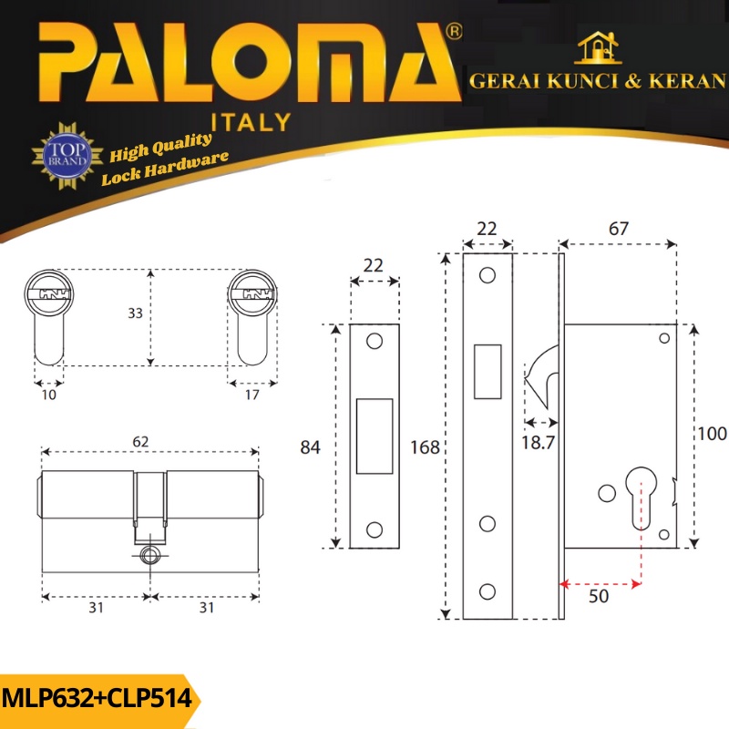 PALOMA MORTISE LOCK CYLINDER MLP 632 CLP 514 BODY KUNCI SLIDING 50MM CYLINDER 62MM KOMPUTER KEY STAINLESS