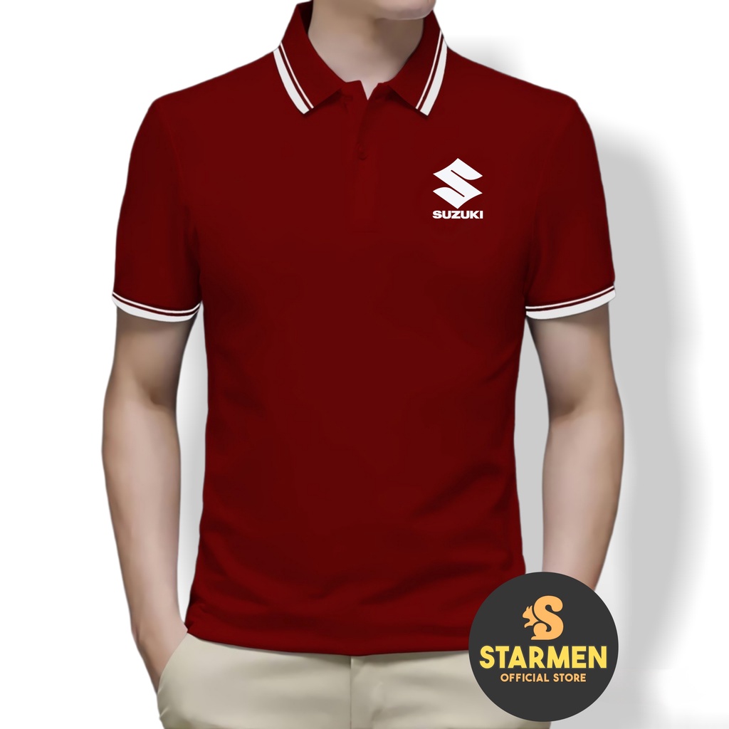 Kaos Polo Shirt Pria Kerah List Putih Logo SUZUKI