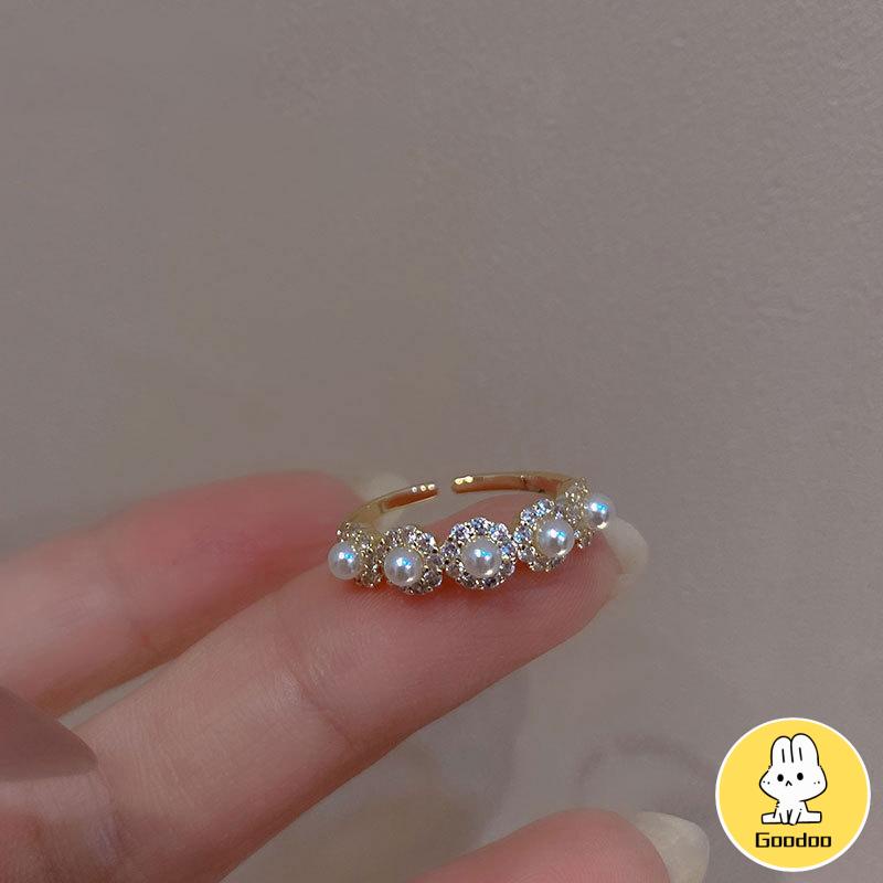 Double-layer Retro Pearl Diamond Ring Niche Light Desain Mewah Cincin Dapat Disesuaikan Terbuka -Doo