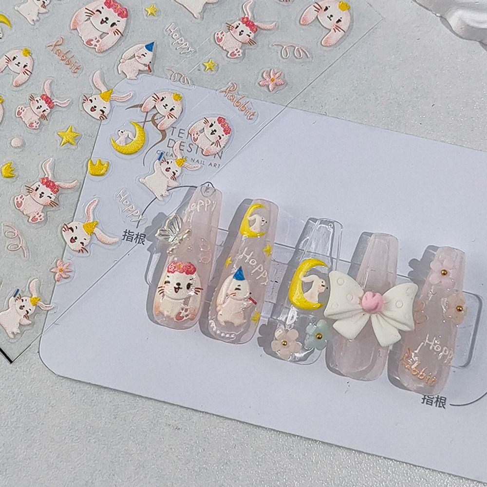 AUGUSTINA Agustina Kartun Kelinci Stiker Kuku Gadis Yang Indah Realistis Nail Art Decals Tahun Baru Salon Kuku Manicure Charms