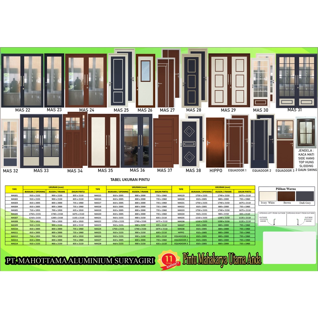 MAHOTTAMA - Pintu Rumah Utama Kamar Tidur Kamar Mandi Aluminium 120 x 215cm 1 Set Kunci Handle Engsel Original Garansi Resmi Bisa Custom Ukuran Geser / Sliding Door - MAS35