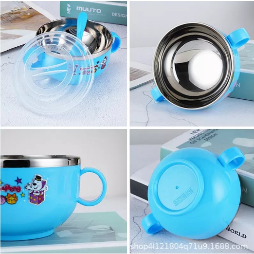 Mangkok Stainless Steel Kartun Dengan Penutup + Sendok