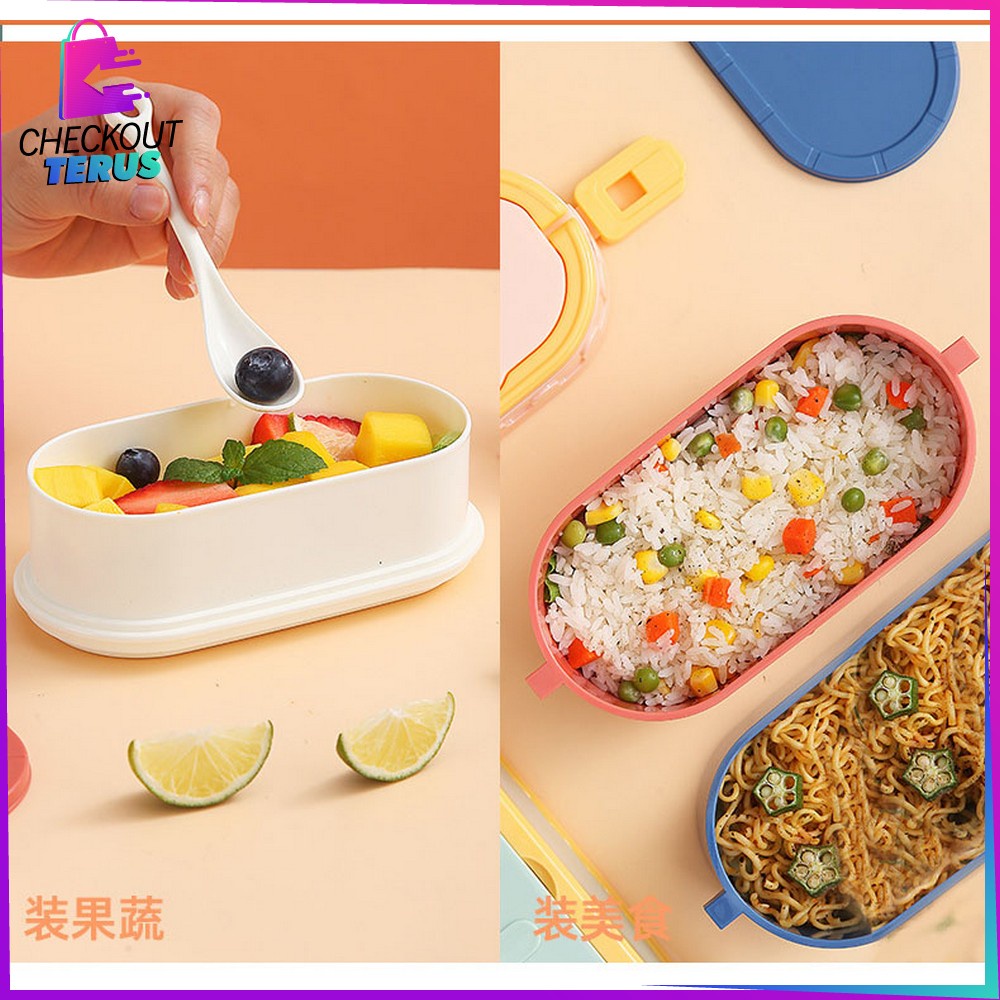 CT C699 Tempat Makan 950ML Box Bento Set 2 Susun Free Sendok Anti Tumpah Dengan Pegangan Lunch Box Set Double Layer Portable